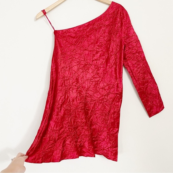 Third Form x Free People Red Crinkle Satin Running Water One Shoulder Mini dress - Picture 6 of 12
